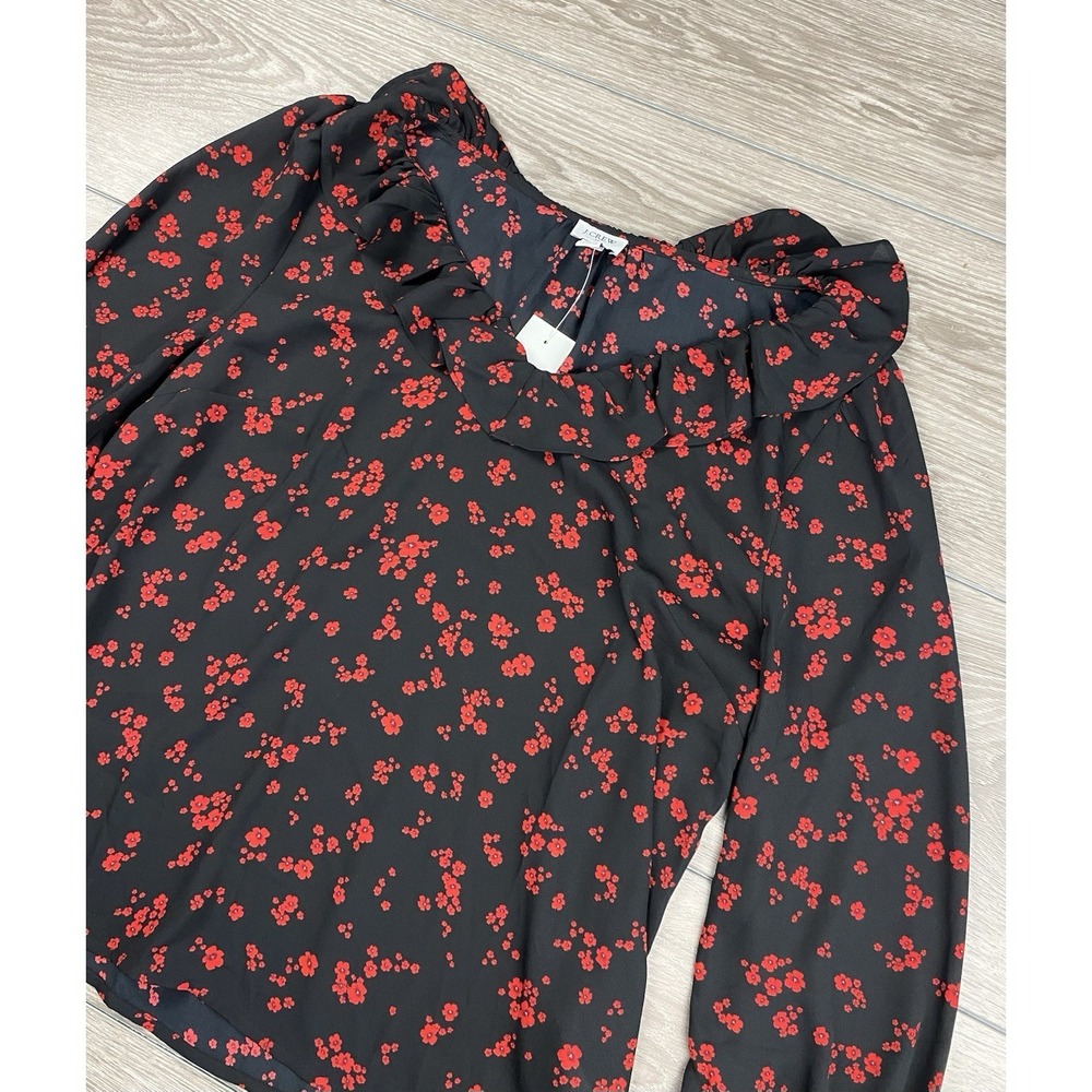 J Crew Women's V Neck Ruffled Long Sleeve Floral Peasant Blouse‎ Black Large New